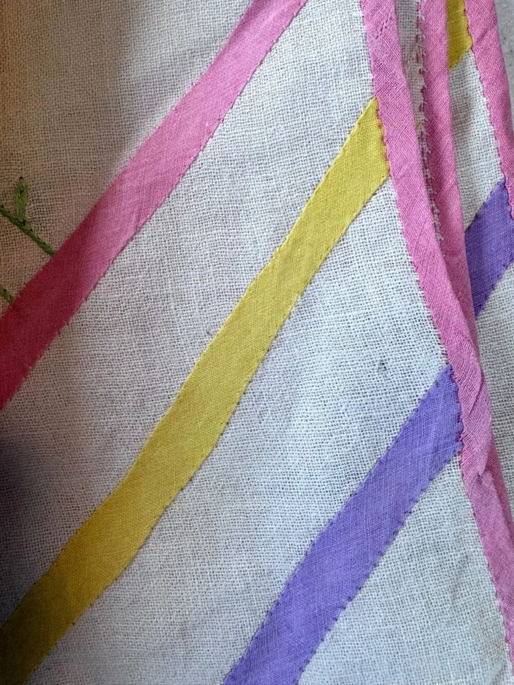 Vintage Hand Embroidered Floral Tablecloth Multi Color Stripes 42 x 30